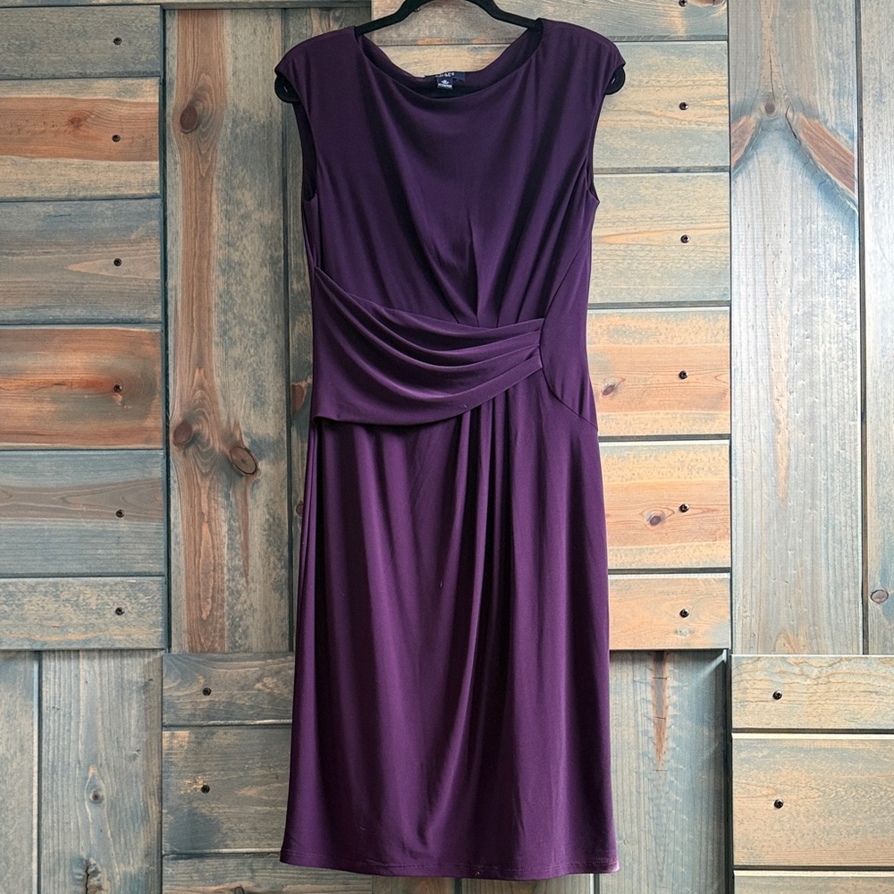 Chaps Sleeveless Ruched Waist Midi Dress in Plum